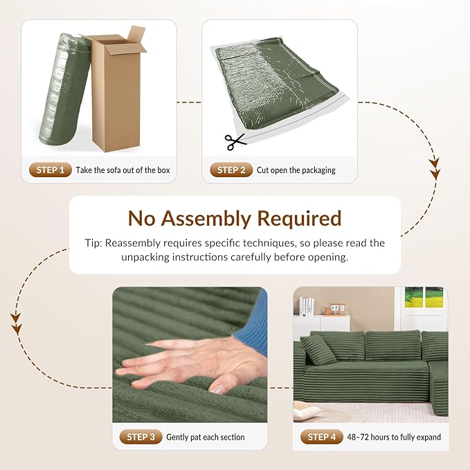 COMHOMA 105”Modular Sectional Sofa with Deep Seat,Cloud Upholstered L-Shape Couch Wide Arms Corduroy Fabric High-Density Foam Chaise Lounge for Living Room No Assembly Required