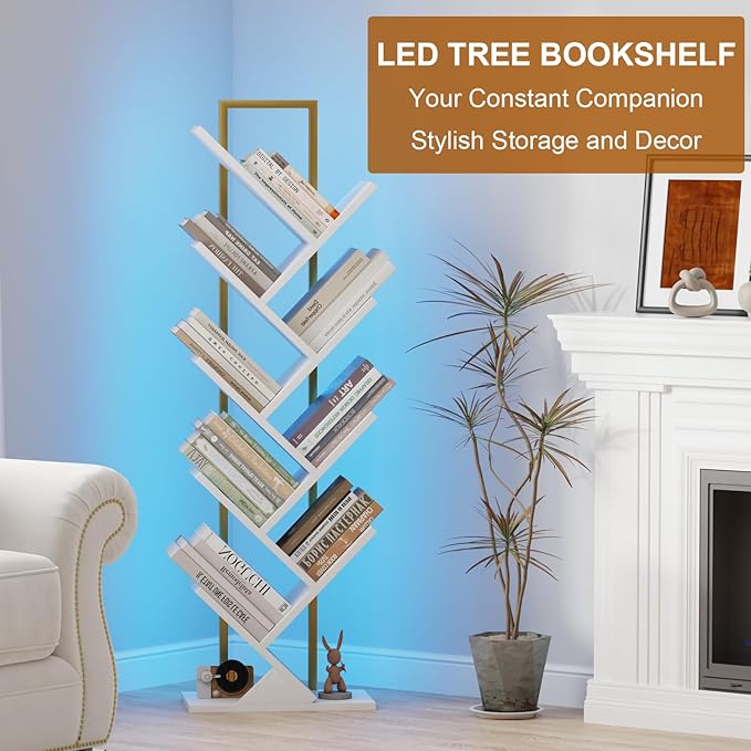 Tree Book Shelf with LED Lights, 9 Tier Floor Standing Bookcase, Classical Corner Shelf Kids Bookshelf, Tall Wood Book Storage for Bedroom, Living Room, Home Office, White