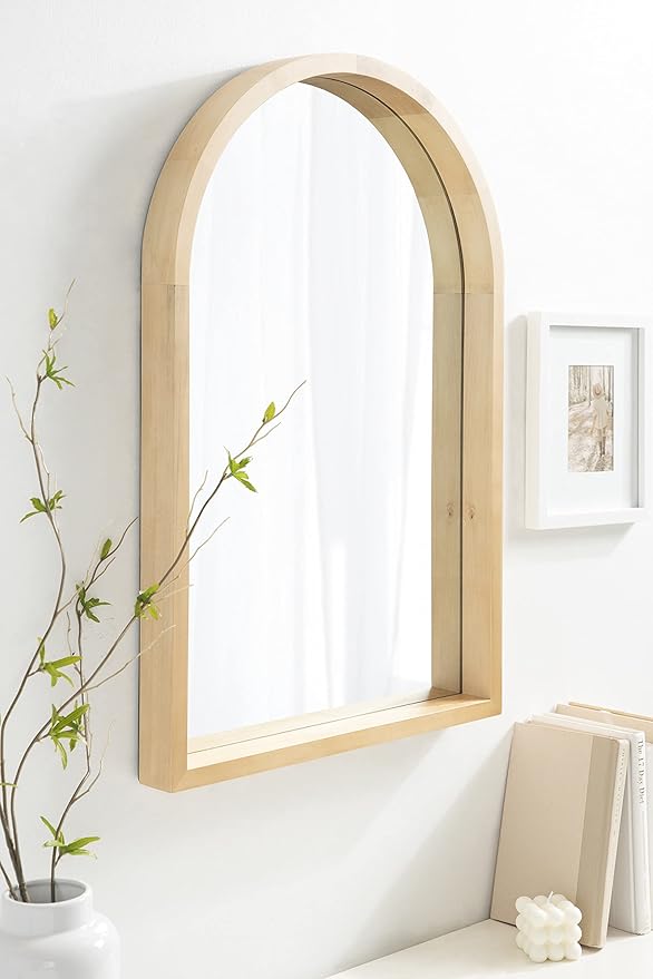 Kate and Laurel Hutton Farmhouse Wood Arched Mirror; 20 x 30; Natural Wood; Decorative Modern Large Arch Mirror with Deep Profile and Natural Finish for Wall