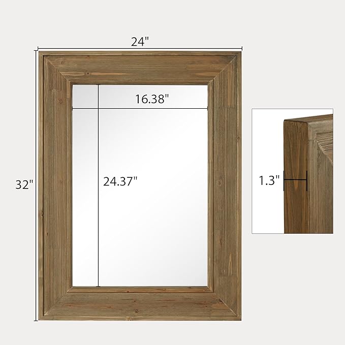 WallBeyond Rustic Wood Framed Mirror, 24" x 32" Farmhouse Decorative Wall Mirror, Vintage Solid Wood Rectangular for Bathroom, Entryway & Living Room, Natural