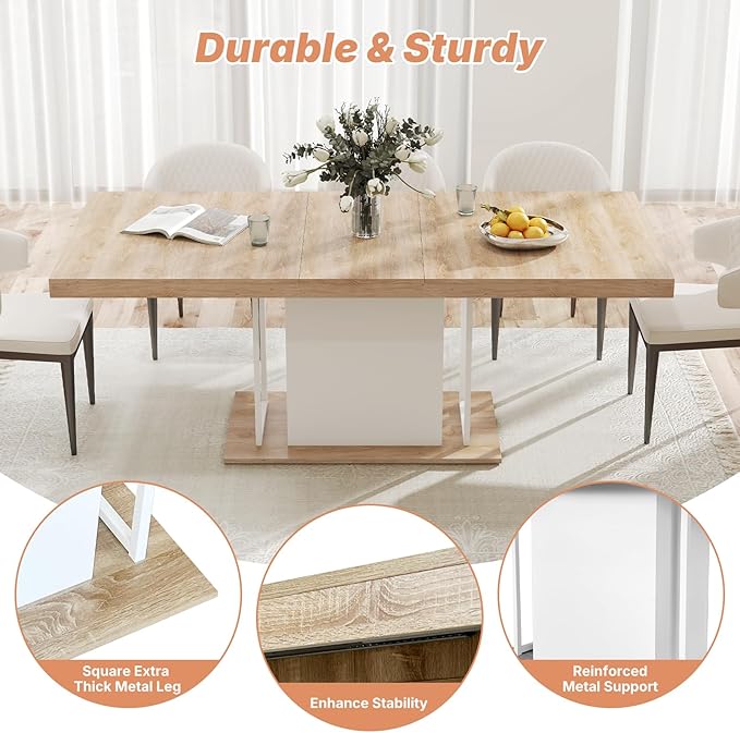 63"-78.7" Expandable Dining Table, 6-10 Farmhouse Kitchen Table, Extendable Dining Room Tables, Rectangular Table with Metal Track, Stable Central Column Base for Living Room, Home-Oak