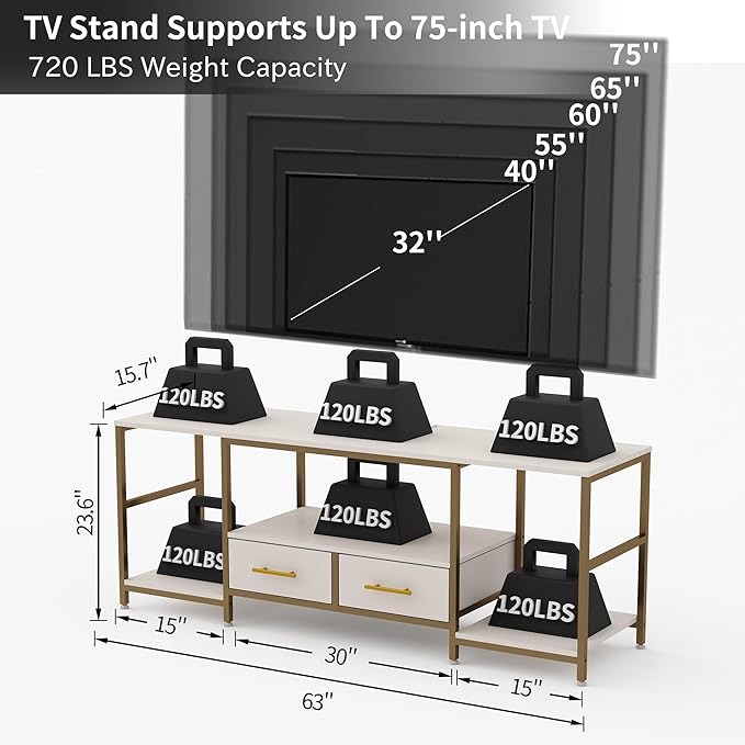 TV Stand for 75 Inch TV, TV Stands for Living Room with 2 Storage Drawers, Entertainment Center with Power Outlets, TV Stand for Bedroom, Television Stands, White/Gold