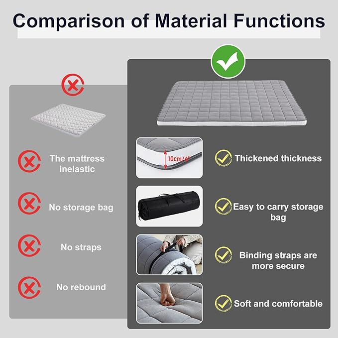 Tiita Japanese Floor Mattress Futon Mattress 4” Thick Folding Roll Up Sleeping Pad with Bag & Strap, Bed Topper Mat for Guest, Lounger and Tavel, Gray,Full Size