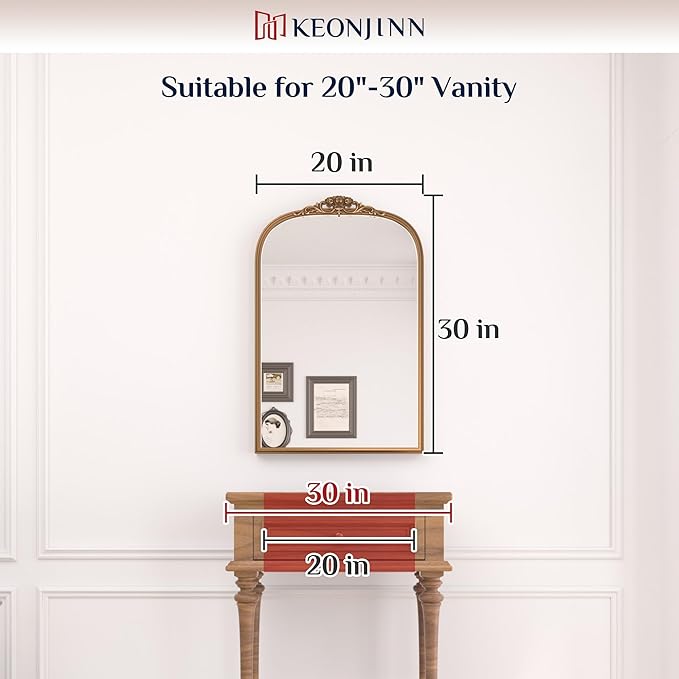 Keonjinn Vintage Arched Mirror for Wall, 20" x 30" Silver Mirror with Metal Frame, Ornate Vanity Mirror, Baroque Arch Mirror, Decorative Brass Mirror for Mantle, Living Room, French Cleat Mounting