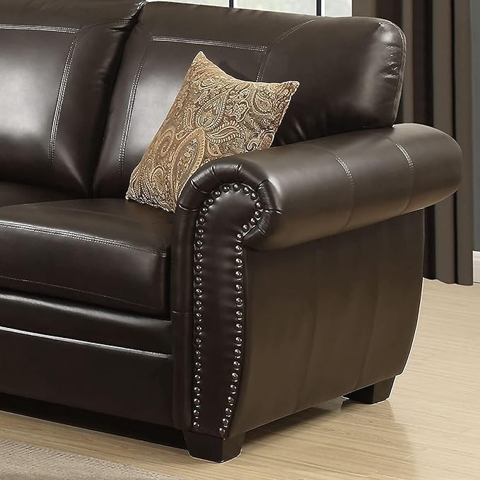 AC Pacific Louis Collection Traditional 3-Piece Upholstered Leather Living Room Sectional with Antique Nail Head Trim and 2 Accent Pillows, Brown
