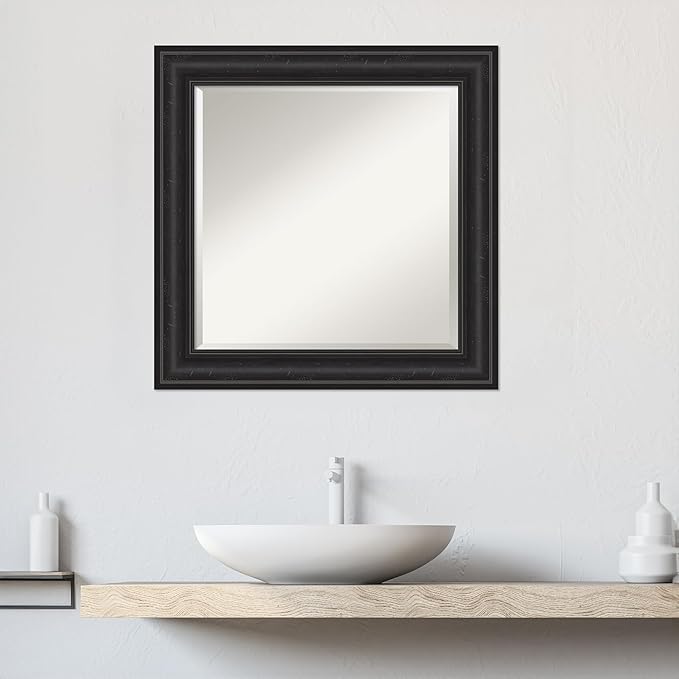 Amanti Art Black Bathroom Mirror for Over Sink, 26x26 Shipwreck Black Square Vanity Mirror, Medium Country Rustic Frame, Hangs Horizonally and Vertically, Bathroom Wall Decor, Beveled Edge