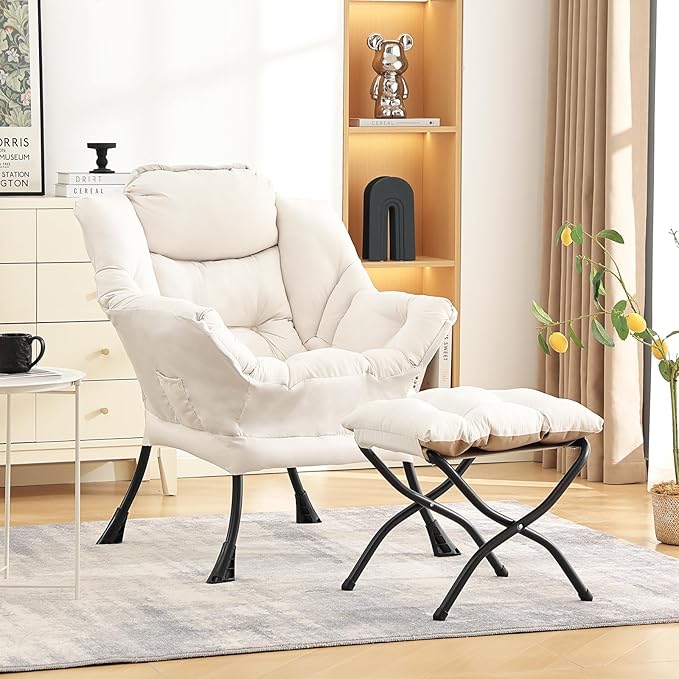 LITA Lazy Chair with Ottoman, Modern Accent Leisure Upholstered Sofa, Contemporary Lounge Reading Chair with Armrests and a Side Pocket for Living Room, Bedroom & Small Space, Beige