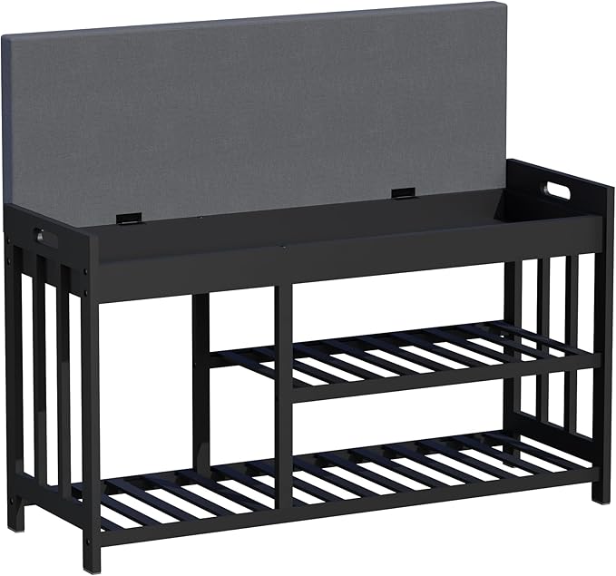 Shoe Rack Bench with Cushion,2 Tiers Shoe Bench with Flip-Top Storage,Wood Shoe Rack for Entryway, Hallway, Bedroom, Front Door Entrance (Black)