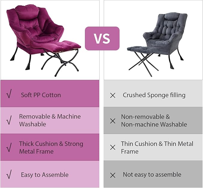 Lazy Chair with Ottoman, Modern Chair with Folding Footrest, Lounge Accent Chair, Comfortable Reading Chair (Velvet Dark Purple)