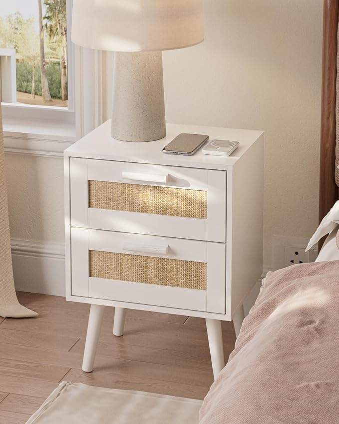 Masupu Rattan Night Stand, Modern nightstand Boho Bedside Table with 2 Drawer, Small End Side Table for Bedroom,Living Room,Office,White