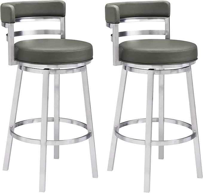 Armen Living Madrid 30" Bar Height Swivel Modern Grey Faux Leather and Brushed Stainless Steel Bar Stool for Kitchen Island Counter, Set of 2