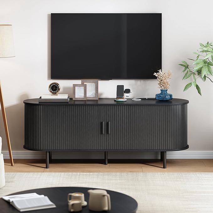 63" TV Stand with Power Outlet, Modern Media Console with Sliding Doors, Entertainment Center for TVs up to 60 Inch, Adjustable Shelves, Black
