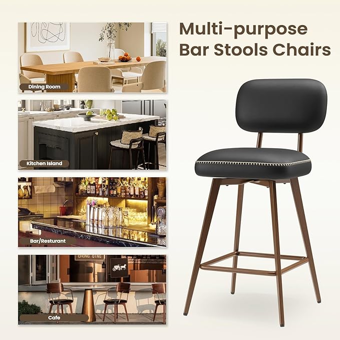 PU Leather Swivel Bar Stools Set of 2, Mid Century Counter Height Bar Chairs with Low Back and Metal Legs, Modern Bar Stool Chair for Kitchen Island, Black