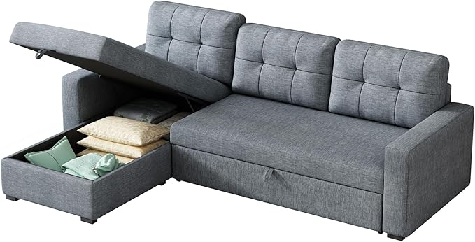 Ball & Cast L-Shape Reversible Sectional Sleeper Sofa Bed,Linen Upholstered 4 in 1 Pull Out Couch with Storage Chaise & Removable Back Cushions,Convertible Corner Sectionals for Living Room,Office