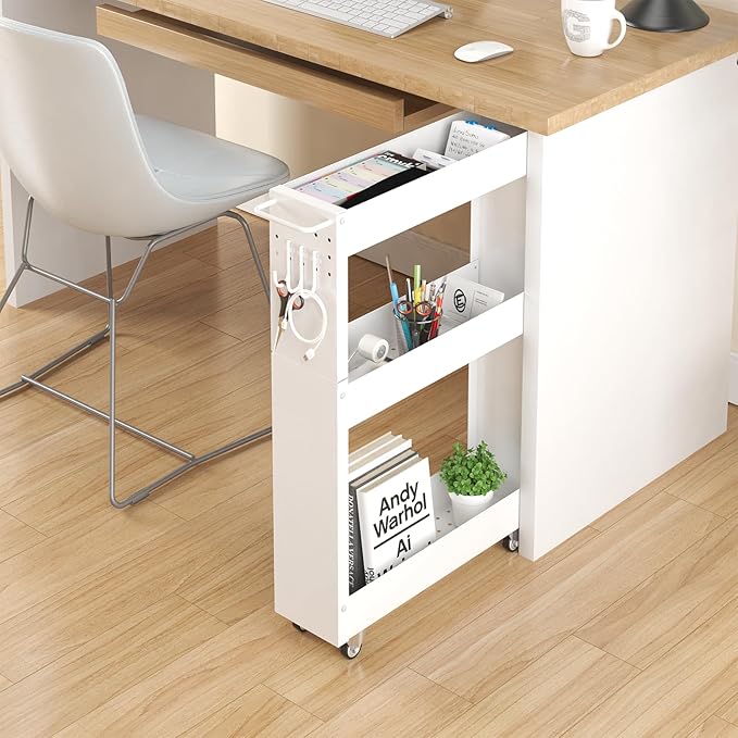 Slim Storage Cart, 5 in Width, 3-Tier White Rolling Cart with Handle for Kitchen Bathroom Laundry Narrow Places