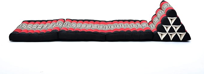 Leewadee - Comfortable Japanese Floor Mattress - Thai Floor Bed with Triangle Cushion - Futon Mattress - Thai Massage Mat, 67 x 21 inches, Black Red, Kapok Filling