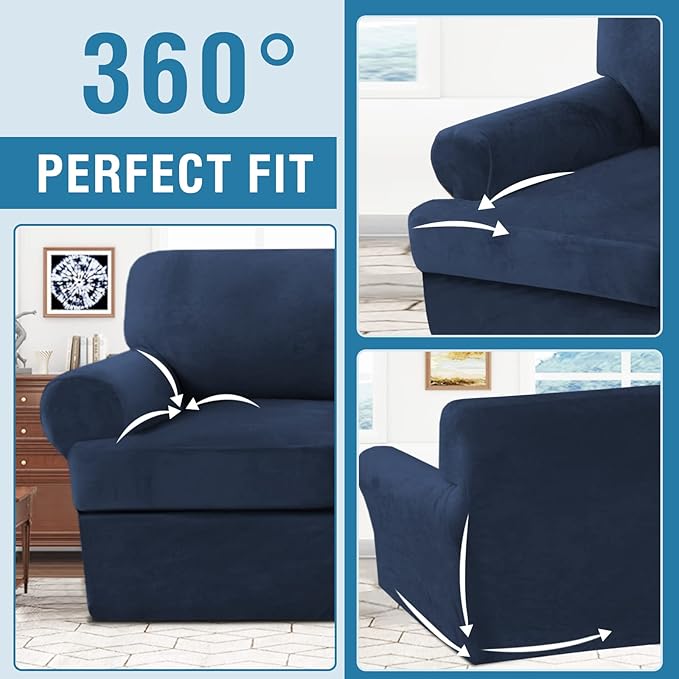 H.VERSAILTEX Sofa Cover 2 Piece T Cushion Armchair Slipcovers Thick Velvet Couch Cover Furniture Protector Stretch T Cushion Sofa Covers for 1 Cushion Couch with 1 Individual T Cushion Covers, Navy
