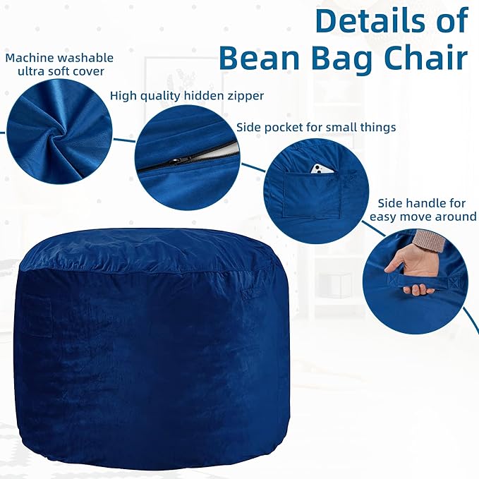 HABUTWAY Bean Bag Chair: Giant 4' Memory Foam Furniture Bean Bag Chairs for Adults with Microfiber Cover 4Ft (Blue)