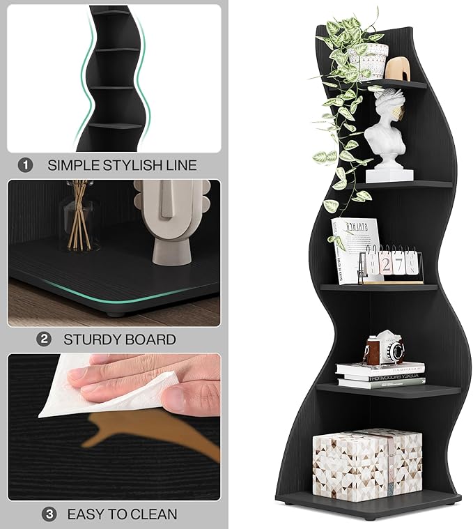 Tribesigns Corner Shelf, Modern 5-Tier Wall Corner Bookshelf, Stylish Corner Small Bookcase Storage Rack Plant Stand with Unique Shape for Living Room, Home Office, (1PC, Black)
