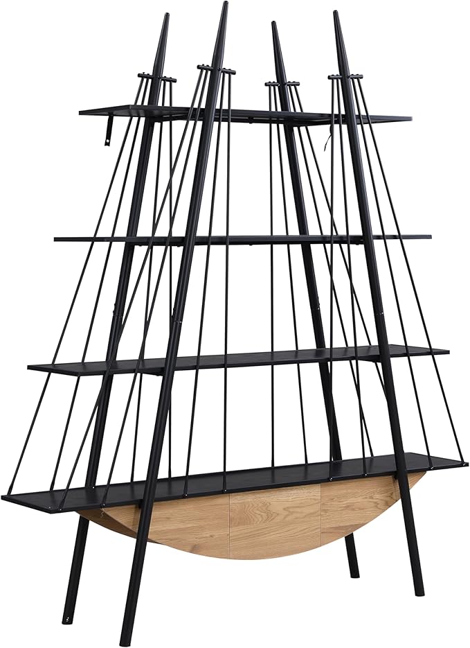4 Tier Modern Boat-Shaped Bookshelf with Drawer, Black & Natural, 84.3" Tall Vertical Ladder Shelf for Storage Display Decoration, Sturdy MDF & Metal Industrial Frame, for Bedroom, Office