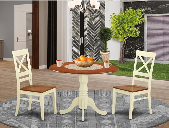 East West Furniture DLQU3-BMK-W 3 Piece Dining Room Furniture Set Contains a Round Kitchen Table with Dropleaf and 2 Dining Chairs, 42x42 Inch, Buttermilk & Cherry