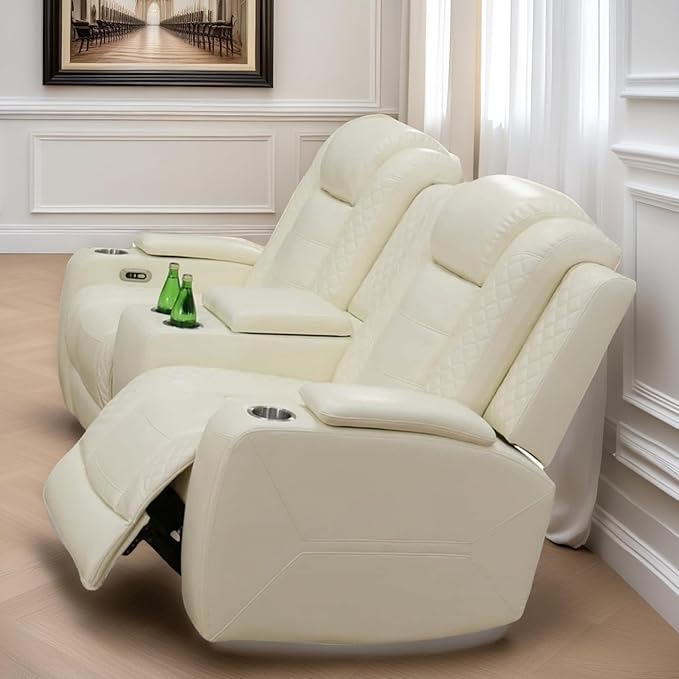 Loveseat Recliner Sofa, Reclining Loveseat Leather Couch with Storage Console, Modern Comfy Home Theater Seating Power Recliner Chair with Cup Holders for Living Room Furniture Sets, White