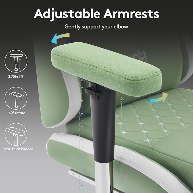 Gaming Chair Breathable Fabric,Computer Office Chair with Footrest,Massage Lumbar Support and Gel Pad,Ergonomic Reclining Gamer Chair with Adjustable Armrests and Spring Cushion Green
