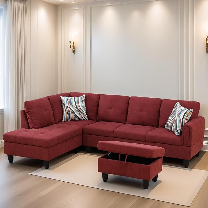 L Shaped Sectional Couches for Living Room, Modern Modular Sectional Sofa with Ottoman Storage, Comfy L Shaped Couch with Chaise for Bedroom Apartment Furniture, Red