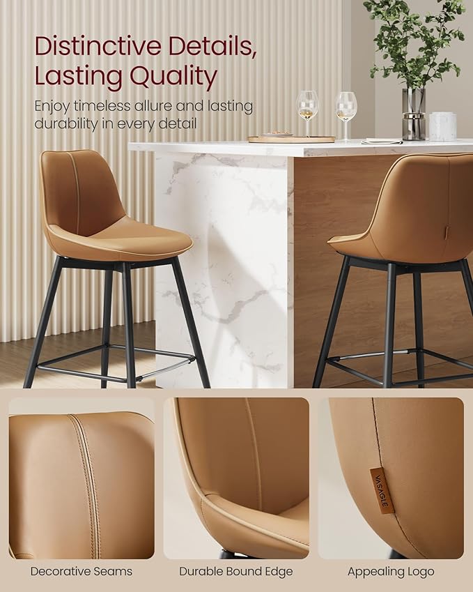 VASAGLE Bar Stools Set of 2, Counter Height Bar Stools with Back, Ergonomic Backrest, Synthetic Leather, Metal Legs, 24.4-Inch Tall Barstools for Kitchen Island Home Bar, Easy Assembly, Caramel Brown
