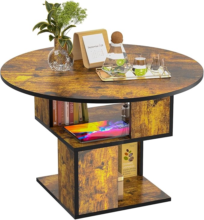 Elephance Round Coffee Table with Storage,3-Tier Coffee Table for Living Room,Wooden Tabletop-Caramel Brown with Black Frame