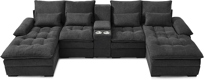 KEIKI 130" U-Shaped 6 seat Sofa with Storage Console, Cup Holders, Upholstered Sectional Sofa, Button Tufted Cloud Cushion Couch for Home, Office, Apartment, Gray
