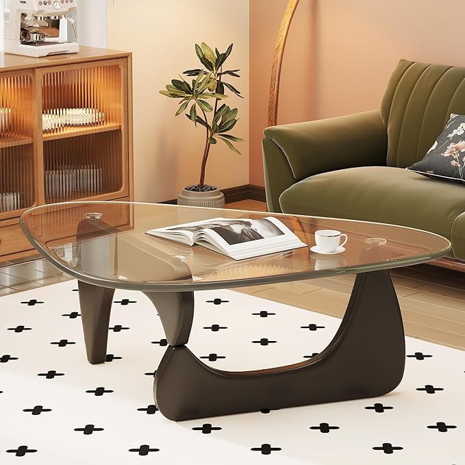 Glass Coffee Table for Living Room Mid Century Modern Triangle Center Table with Wooden Base, Transparent/Black