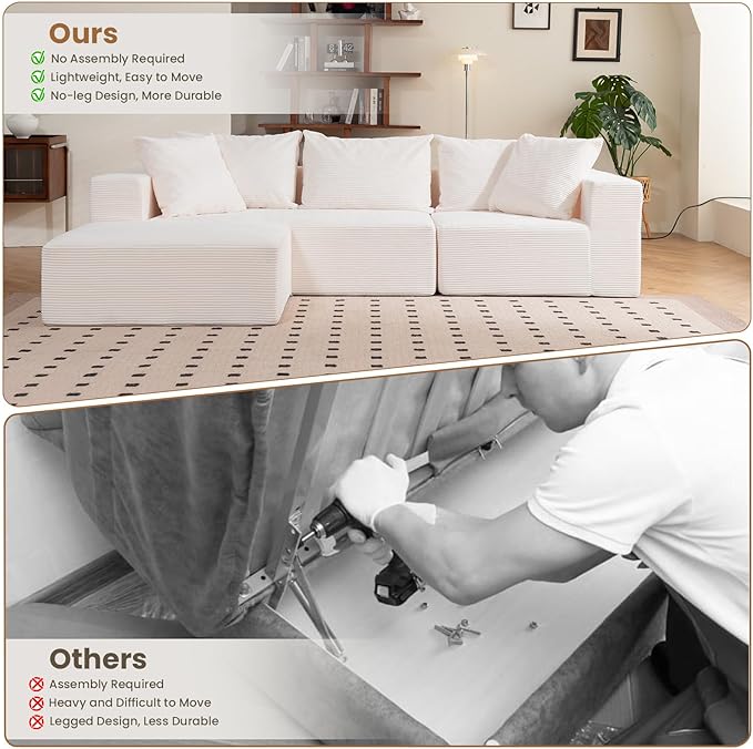 Modular Sectional Sofa, 108" L-Shaped Boneless Couch with Deep Seat, Corduroy Cloud Couch for Living Room, Bedroom, No Assembly Required, Ship in a Box, Beige
