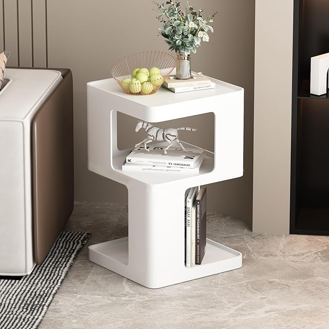 White Side Table, Modern Nightstand Metal End Table for Living Room Bedroom,Square Bedside Table-3 Tier Storage,Not Assemble Required