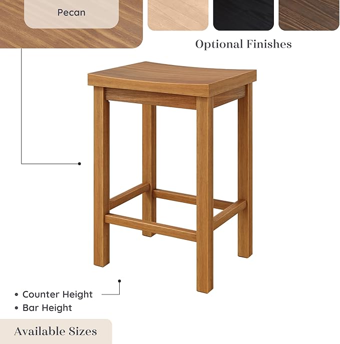 Grain & Grove Smith Collection Solid Wood Counter Height Bar Stool, 24-Inch Saddle Seat Backless Stool, Ideal for Kitchen Island, Dining, or Home Bar Seating, Pecan