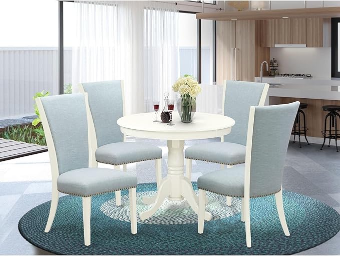East West Furniture ANVE5-LWH-15 5 Piece Dining Room Furniture Set Includes a Round Kitchen Table with Pedestal and 4 Baby Blue Linen Fabric Parson Dining Chairs, 36x36 Inch, Linen White