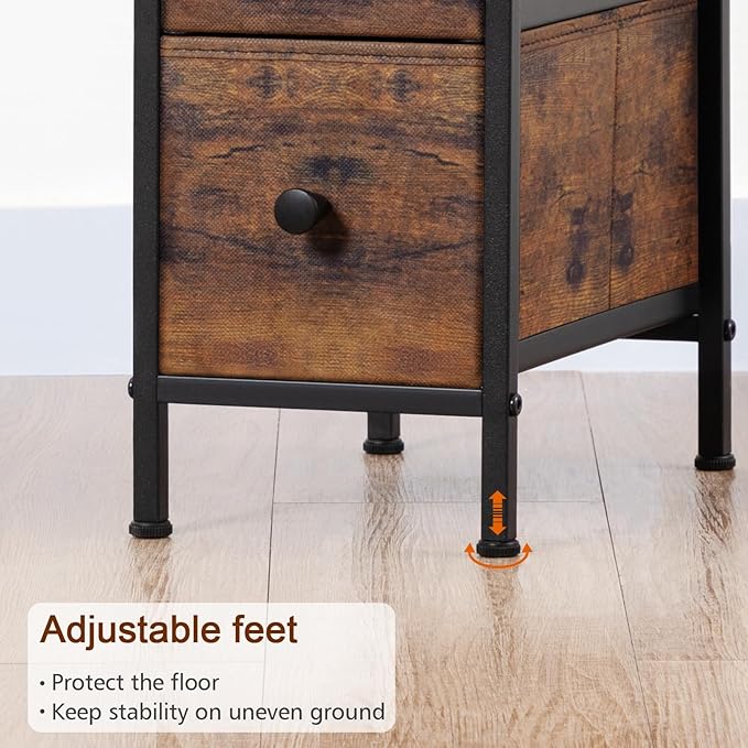 Narrow End Table Living Room with Charging Station, Skinny Side Table with Fabric Drawers, Slim Nightstand for Bedroom, Small Spaces, Couch, Rustic Brown, HETNDP02PBR-1