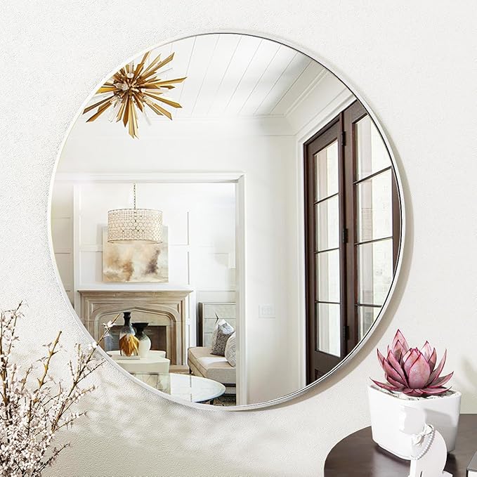Silver Round Bathroom Mirror, 24 inch Circle Wall Mounted Hanging Mirror with Simple Modern Circular Metal Frame for Hallway, Entryway, Living Room, Silver Frame