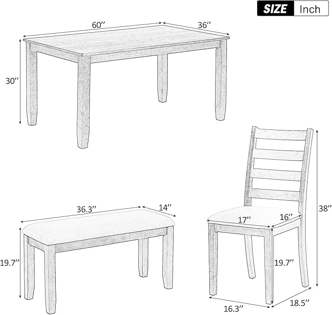 Merax 6-Piece Wooden Rectangular Dining Table Set with 4 Upholstered Chairs and Bench, Whitewash+Brown