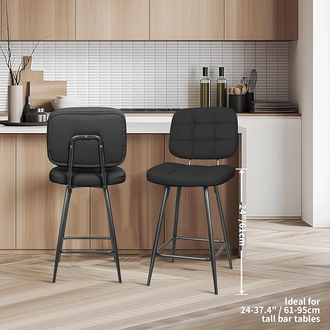Bar Stools Set of 2, 24 Inch Upholstered Metal Barstool with Back and Footrest, Bar Chair with Metal Base for Dining Room Counter Island, Black