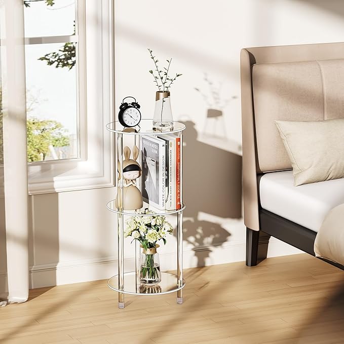 Clear Round Acrylic Side Table for Small Spaces, 11.81" L x 11.81" W x 26.7" H, 3 Tier Small Modern Drink End Table Nightstand, Minimalist Bedside Table for Living Room, Bedroom, Bathroom