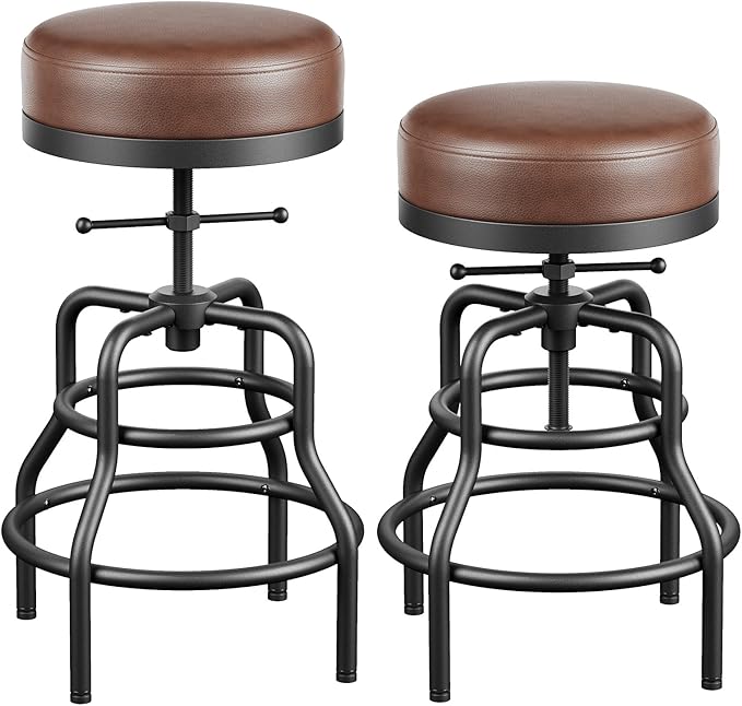 Adjustable Height Swivel Bar Stools Set of 2, 22-29 Inch Industrial Vintage Bar Counter Height Stools with Thicken Premium Bonded Leather Seats & Updated Footrests, Easy Assembly, Brown