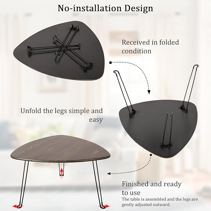 Folding Coffee Tables for Small Spaces Foldable Industrial Sofa Center Table Triangle Design Wood Framed Coffee Table Mid Century Rustic Brown Floor Desk for Living Room Balcony