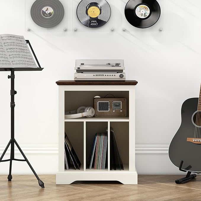 Farmhouse Record Player Stand, 3 Tier End Table, Turntable Stand with Vinyl Record Storage, Wood Record Holder Cabinet Dispaly Shelf for Living Room,Bedroom,Office,Antique White