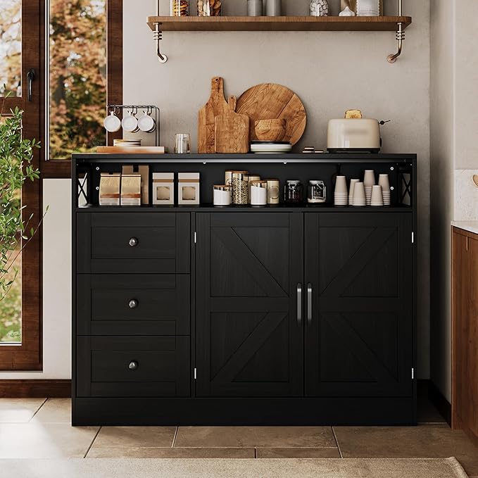 47inch Farmhouse Buffet Sideboard Cabinet, Wood Cupboard Storage Pantry Cabinet with Drawers, Coffee Bar Station Table for Kitchen Living Dining Room, Black