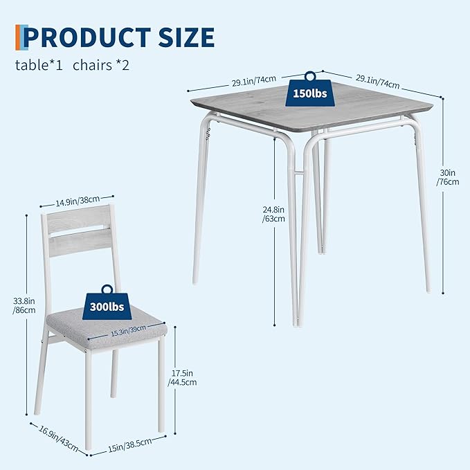Dining Table for 2, Small Table and Chairs Set of 2, Square Dinette Set for 2, 3 Piece Kitchen & Dining Room Sets for Small Space (White, Table with 2 Upholstered Chairs)