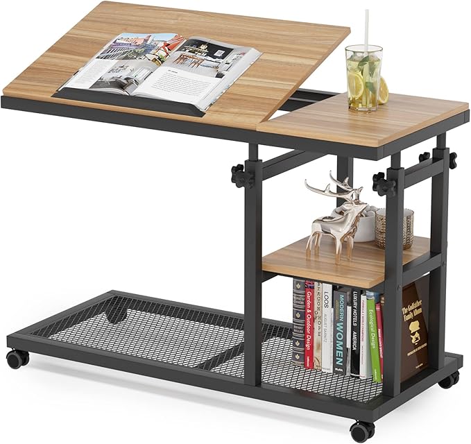 Tribesigns Height Adjustable C Table with Wheels, Mobile Couch Snack Side Table with Tiltable Drawing Board, Sofa Bedside Laptop Stand C Shaped TV Tray with Storage Shelves (Black+Oak)