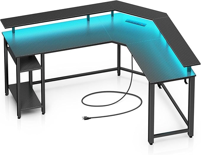 Rolanstar L Shaped Gaming Desk with LED Lights & Power Outlets, 46.2" Computer Desk with Full Monitor Stand & Storage Shelf, Corner Desk with Hooks, Carbon Fiber Desk Reversible