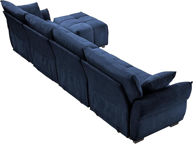 Modern Chenille Fabric 4-Seat Sofa w/Ottoman+2 Pillows, Premium Upholstery Living Room Couch with Tufted Backrest & Comfortable Armrests and High-Resilience Memory Foam Cushions,Blue