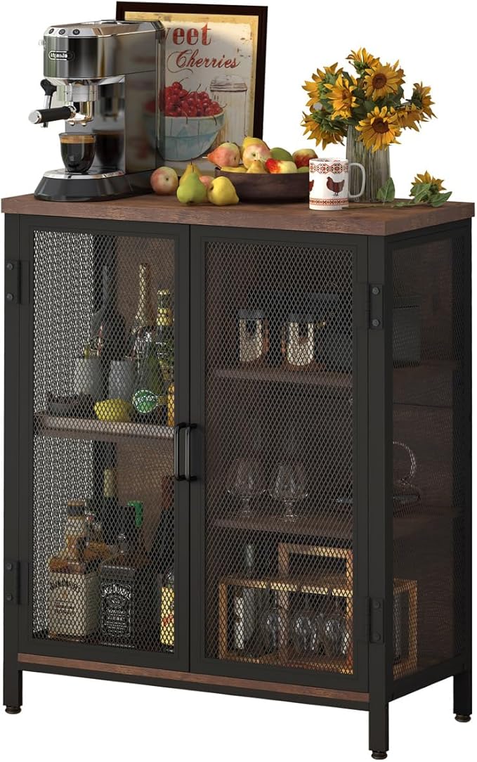 BON AUGURE Coffee Bar Cabinet for Liquor, Small Storage Cabinet for Home Kitchen, Farmhouse Sideboard Buffet Cabinets, Industrial Alcohol Cabinets for Dining Entryway Living Room (Rustic Oak)